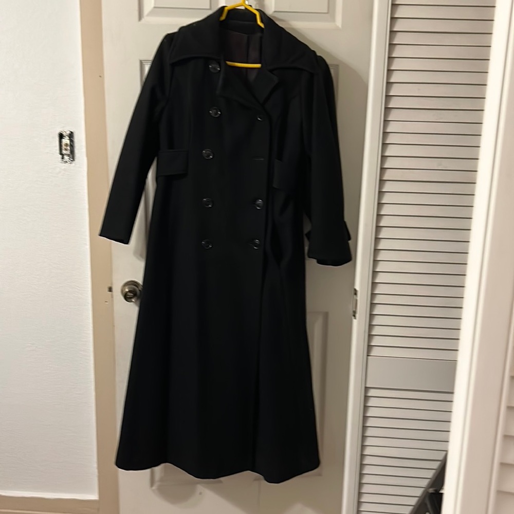 Full length black wool coat. 51 inches from shoulder to hem Size M